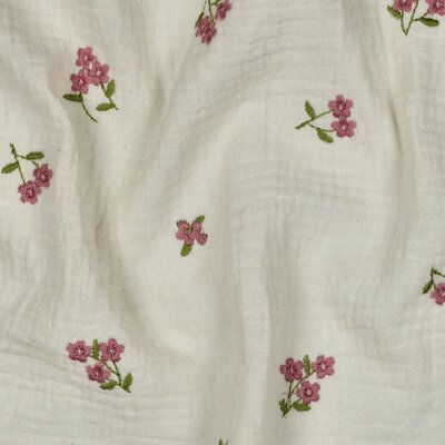 natural white mauve pink  flowers embroidery double gauze