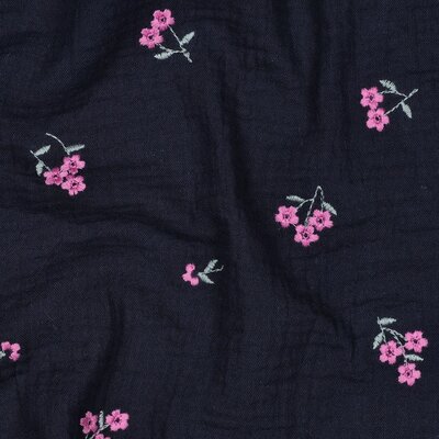 dark blue lila violet flowers embroidery double gauze