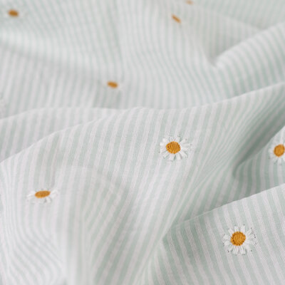 groen (mint) wit streepjes Broderie Madelief Bloemetjes katoen Seersucker *S