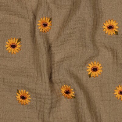 beige yellow green sunflowers embroidery double gauze