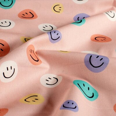 roze (nude) pastel gekleurde Smileys poplin katoen *S