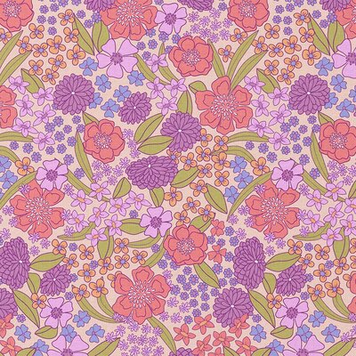 roze (licht) violet lila oranje rood groen Retro Bloemen poplin katoen