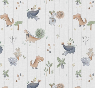 wit licht blauw groen beige grijs Olifant en Dino op strepen poplin katoen 