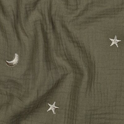 olive green beige gold moon and stars embroidery double gauze