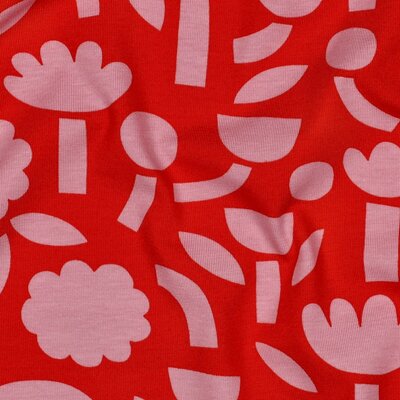 rood (oranje) roze Bloemen en Figuren Biologische tricot - Jennifer Bouron *S