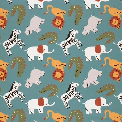 blauw (petrol) wit geel groen terracotta grote Dieren poplin katoen *S