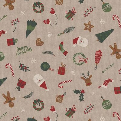 beige camel groen rood wit Deco Kerststof X-mas linnenlook canvas *S