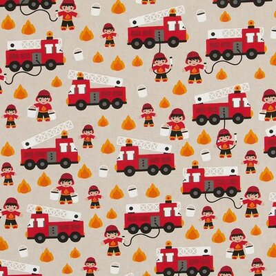 beige rood wit Brandweer wagen linnenlook canvas *S