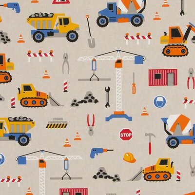 beige geel oranje blauw Constructie Voertuigen linnenlook canvas *S
