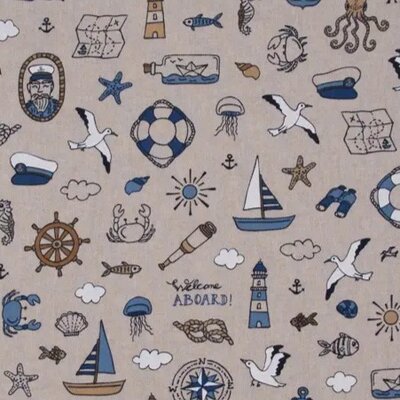 beige blauw wit grijs Zeeleven linnenlook canvas *S