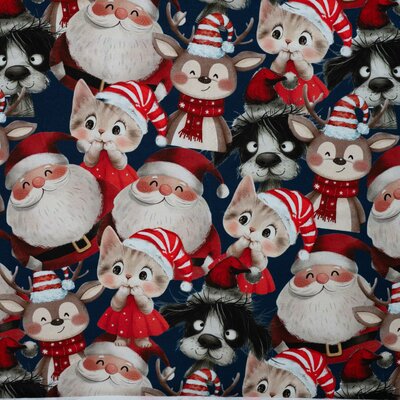 blauw (donker) rood wit Kerstdieren & Kerstman X-mas - french terry *S
