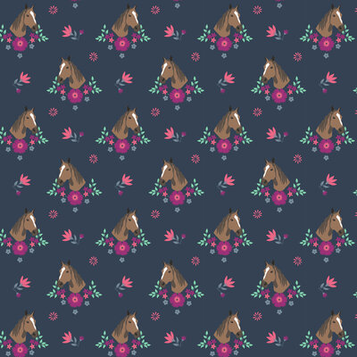blauw (donker) roze Paardjes en Bloemen poplin katoen *S