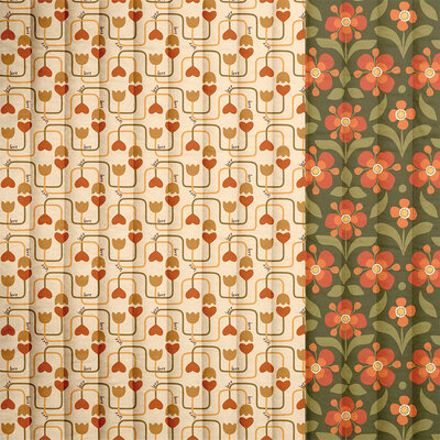 groen  oranje natural Retro Bloemen en Hartjes Dubbelzijdig Gevoerde katoen *S